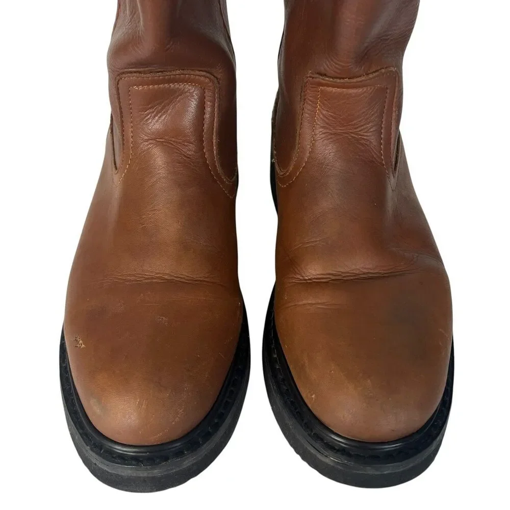 Mens Brown Leather Pull On Work Boots Thick Sole Western Style Size 7.5
